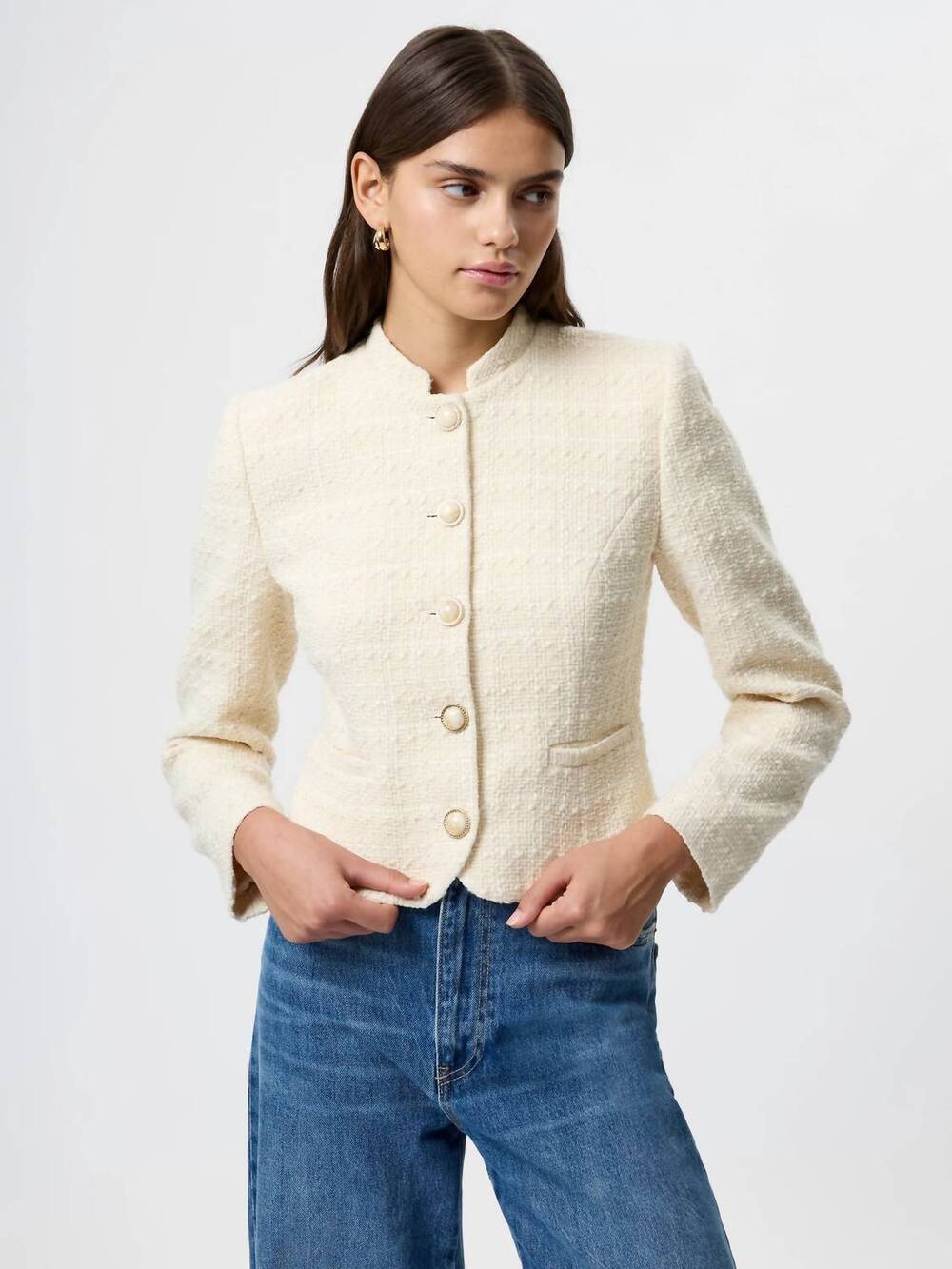 NEW FRENCH CONNECTION structured tweed slim fit jacket in ecru